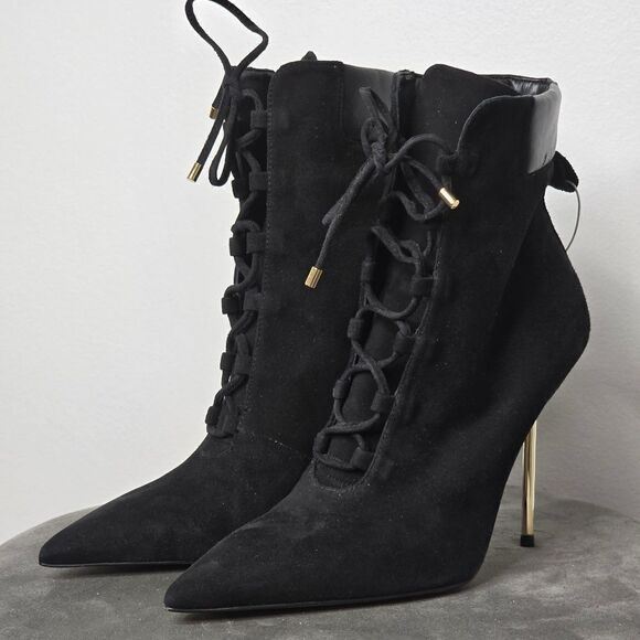 Good American Scandal Lace Up Stilleto Booties Faux Suede Black - Picture 4 of 9